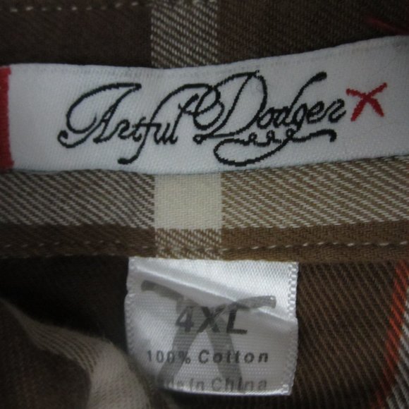 New Artful Dodger Mens 4XL Brown Plaid 100% Cotton LS Button Front Shirt - Picture 3 of 14